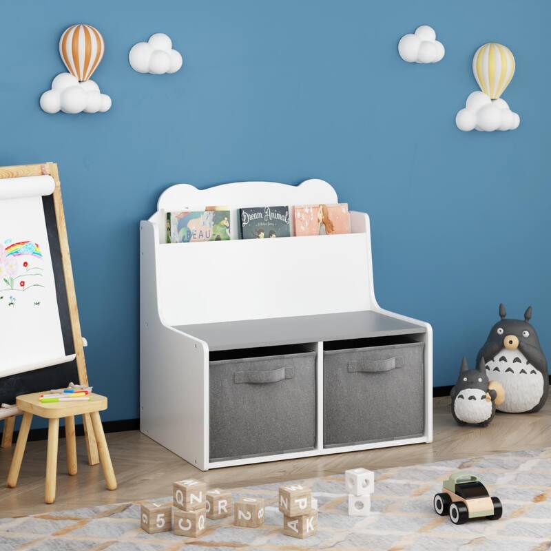 Kids Bookshelf with Storage Bins Wooden Bookcase with Book Display 2 Fabric Bins Bear Shaped Backboard Toy Organizer White Gray