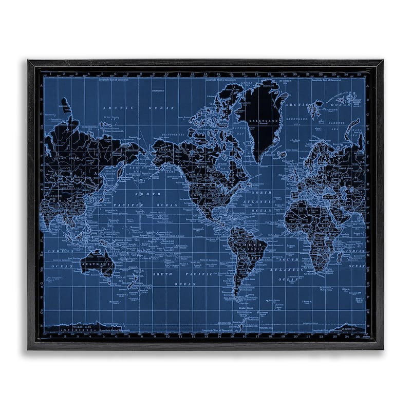Stupell Blue Toned World Map Framed Floater Canvas Wall Art Design By Phillipa Katz - 31 x 25 - Black