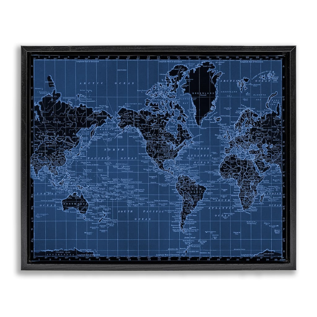 Stupell Blue Toned World Map Framed Floater Canvas Wall Art Design By Phillipa Katz