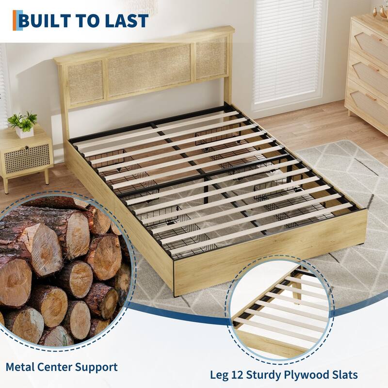 Bed Frame with Natural Rattan Headboard, 4 Storage Drawers