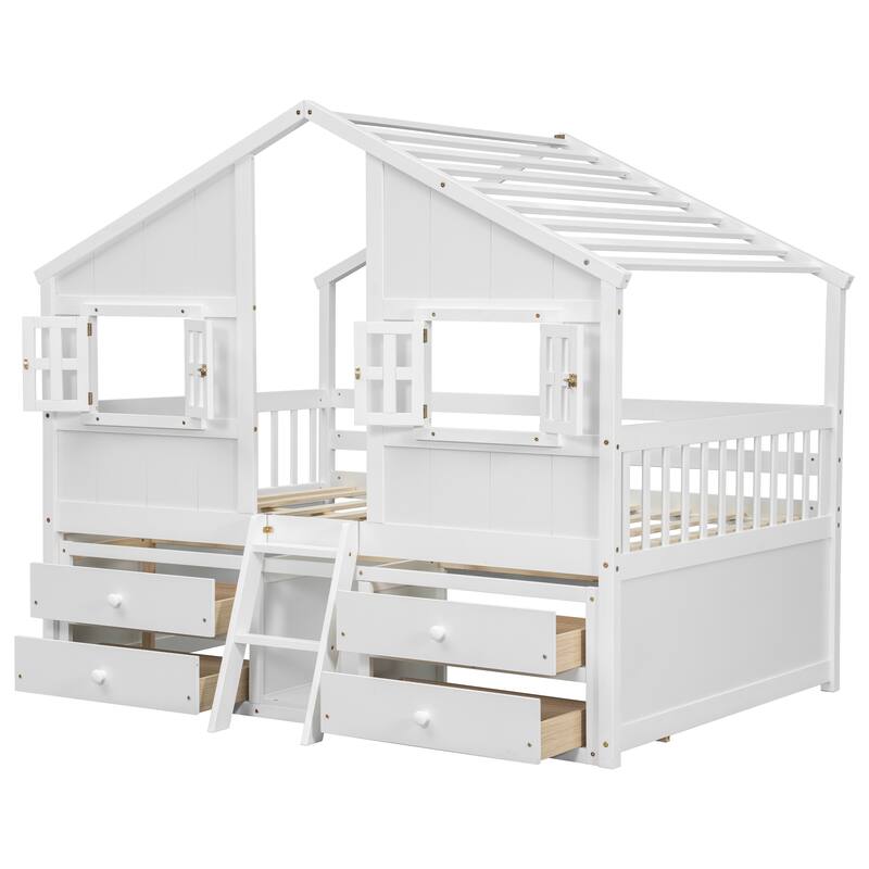 Wood Full Size House Loft Bed with Roof, Windows,4 Storage Drawers