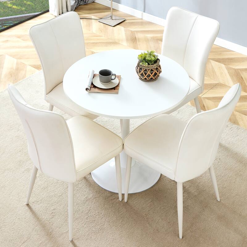 Roomfitters 5pcs Small Round Dining Table Set with Cream Style Chairs and Vertical Line Backrest Design, White - White