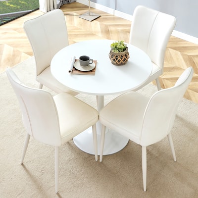 Roomfitters 5pcs Small Round Dining Table Set with Cream Style Chairs and Vertical Line Backrest Design, White