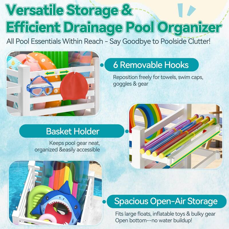 Waterproof Outdoor Pool Storage Bin with Hooks, Basket Holder or Long Panel for Poolside & Patio