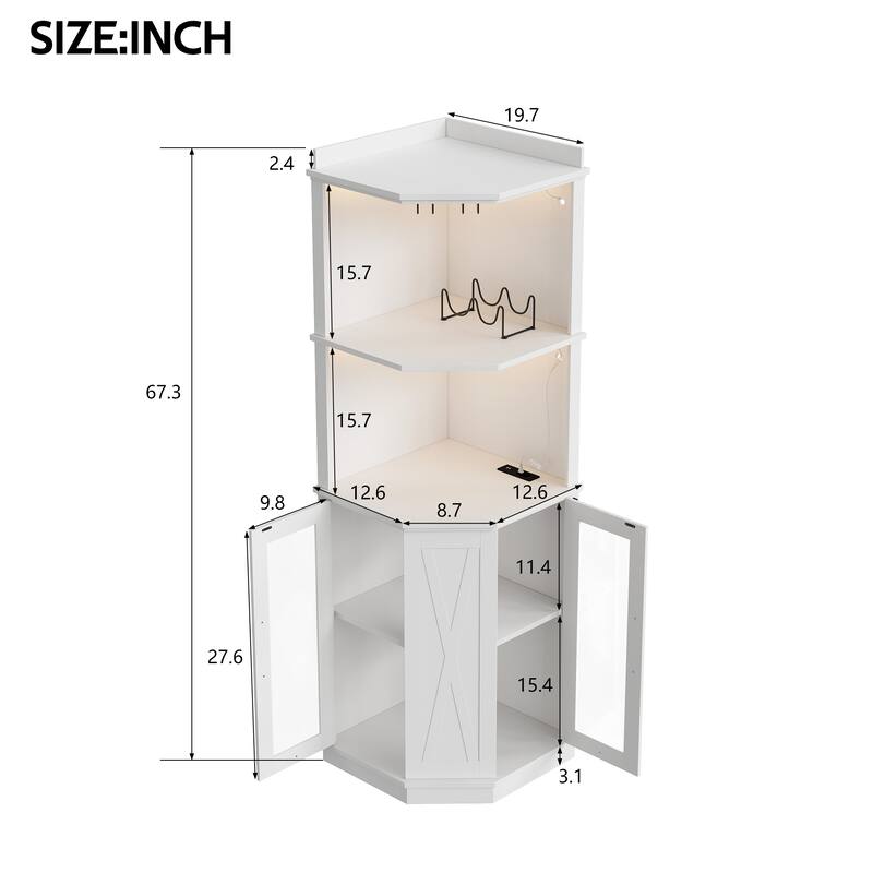 67.3" Corner Bar Cabinet with LED Lights and Power Outlets, Farmhouse Wine Bar with Glass Rack and Adjustable Shelves
