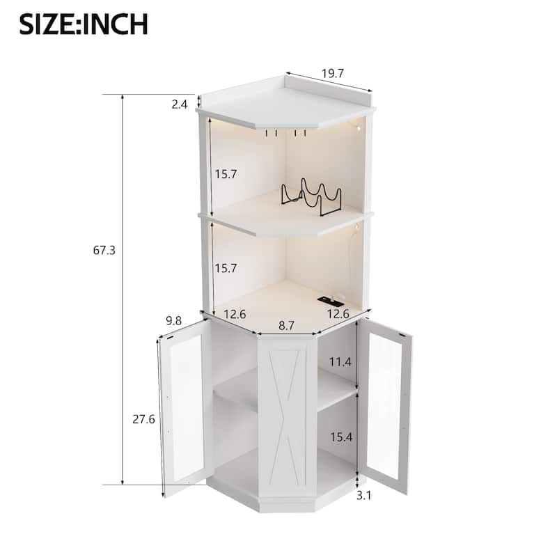 Corner Bar Cabinet with Power Outlet & Adjustable Shelves, Freestanding Wood Storage Cabinet with Barn Door & Glass Rack