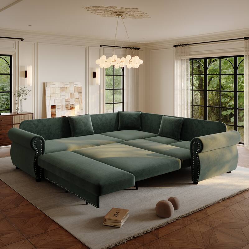 88.2" L-Shaped Sleeper Sectional Sofa with Pull-Out Bed - Chenille Convertible Couch, Nailhead Trim, for Living Room