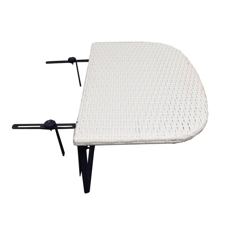 Indoor and Outdoor Foldable Wicker Balcony Table with Metal Frame and Adjustable Clamps - White