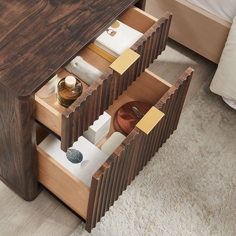 Modern Fluted Nightstand with Charging Station, 2 Drawer Bedside Table