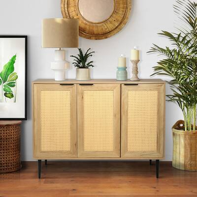 47.24 '' Wide Kitchen Buffet Storage Cabinet with 3 Rattan Doors for Bedroom Living Room Kitchen Cupboard Wooden Furniture