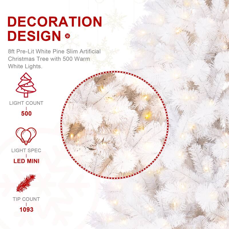Glitzhome 8ft/10ft Pre-Lit Deluxe White Pine Slim Christmas Tree with Remote Controller