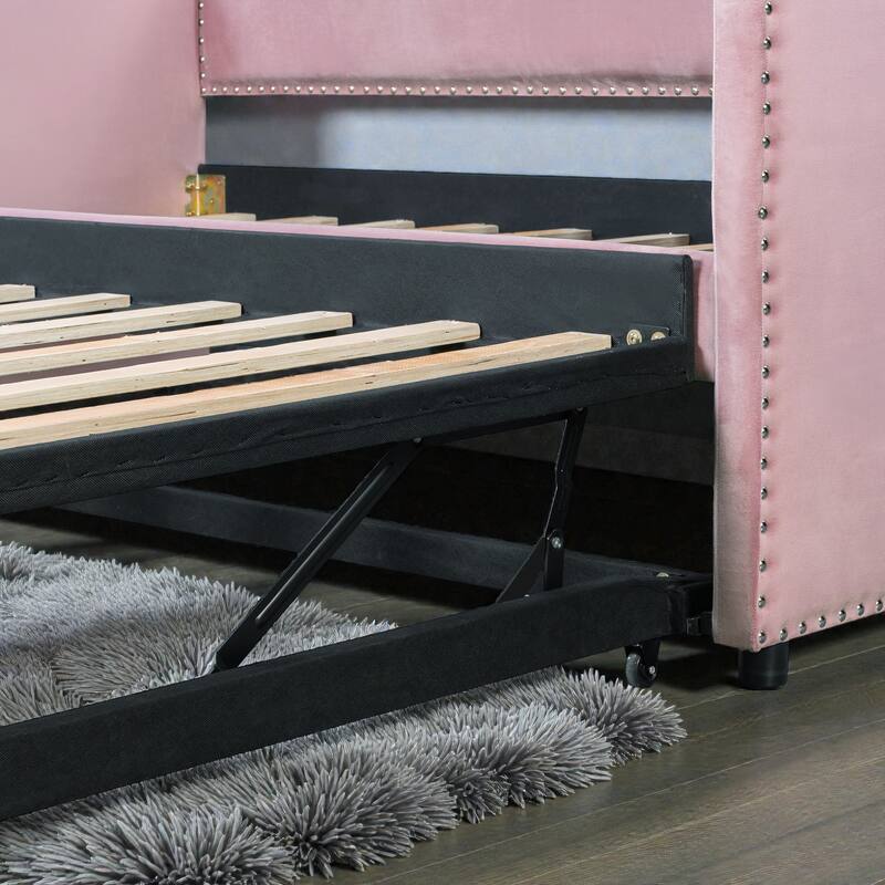 Twin Size Velvet Upholstered Daybed with Pop Up Trundle, 2-in-1 Sofa Bed for Guest Room or Kids Room