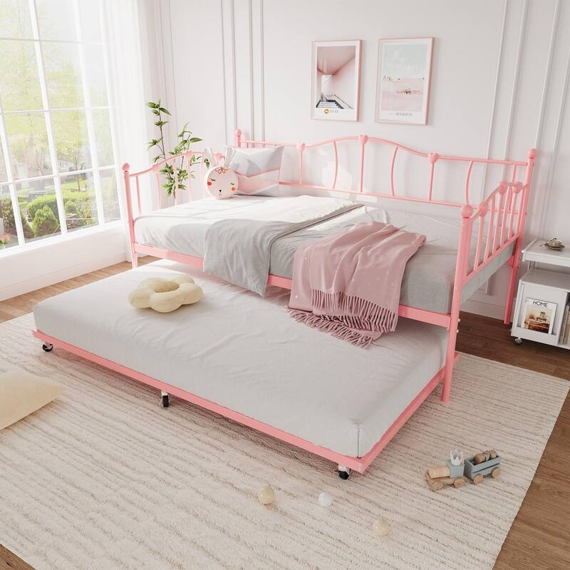 Daybed with Trundle Bed, Love-Heart Headboard - Pink