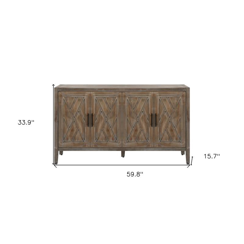 HomeRoots 60" Natural and Brown Distressed Carved Geometric Sideboard with Four Doors - 59.8' X '33.9' X '15.7