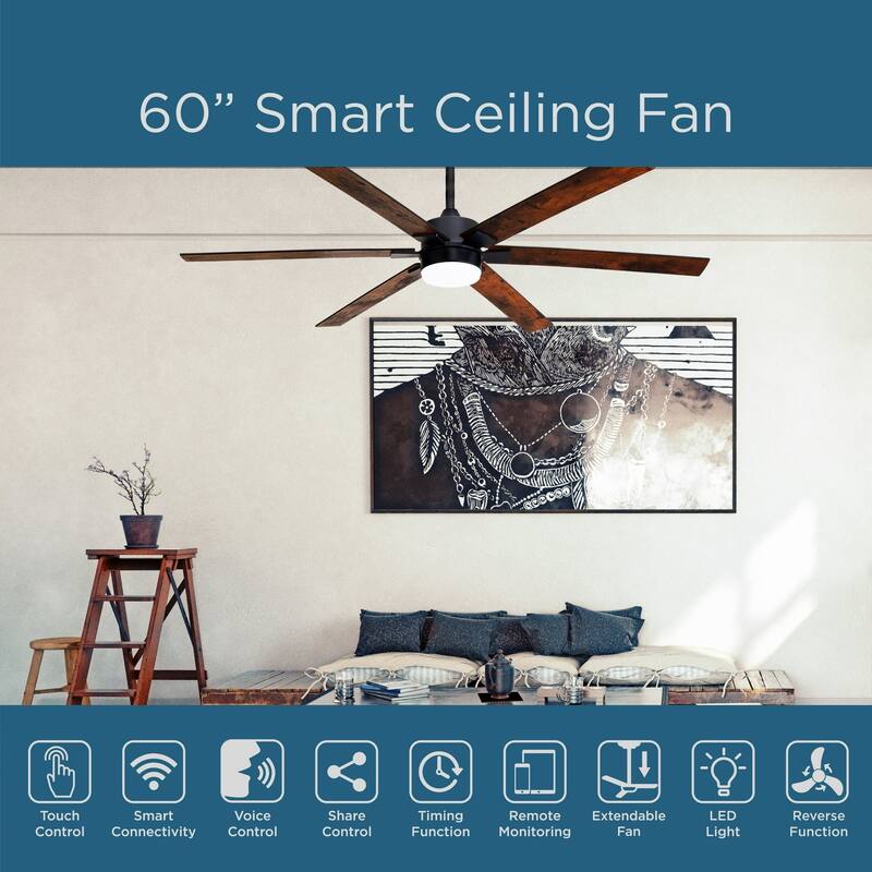 ProMounts All Seasons 60" Ceiling Fan with Light, Quiet, Alexa/Google, 3 Color LED Lights, Reversible, Walnut