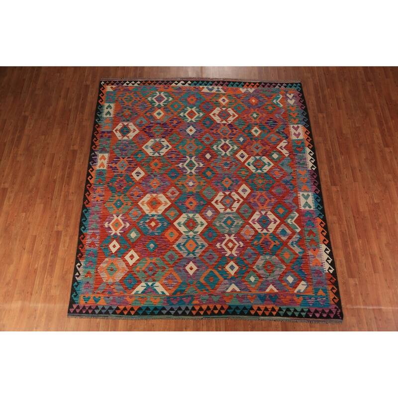 All-Over Geometric Kilim Oriental Area Rug Flatweave Wool Carpet - 8'4" x 9'8"