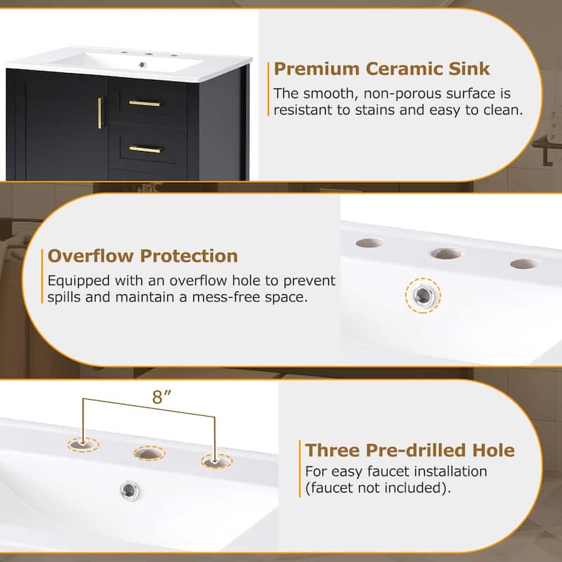 30" Bathroom Wood Storage Vanity Cabinet with Ceramic Sink, 3 Drawers