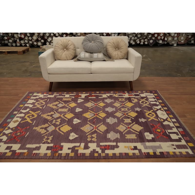 Hand Woven Oriental 100% Wool Carpet Southwestern Tribal Purples Kilim Area Rug - 7' 3'' X 4' 11''