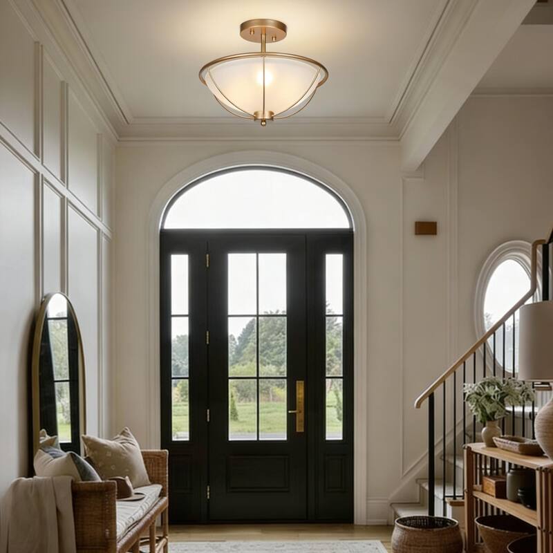 Mid-Century Modern 3-Light Gold Semi-Flush Mount Ceiling Frosted Glass Light for Kitchen - 13" D x 11" H