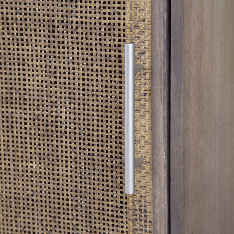 Modern Gray Cabinet with Woven Rattan Panels - Boho Storage Tower with Cubby Shelves for Any Room