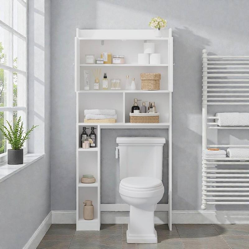 Over-the-Toilet Storage Cabinet, Freestanding Bathroom Space Saver with Adjustable Shelf, Double Doors and Open Shelves