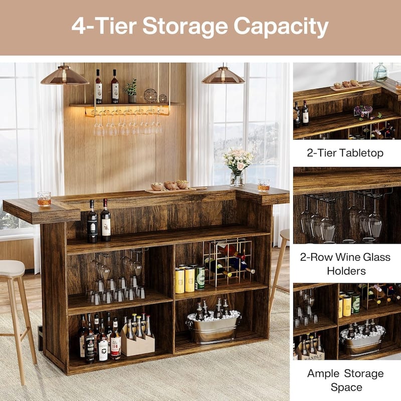 4-Tier Wooden Bar Table, 70.9" Large Home Bar Unit with Storage Shelves for Home, Patio, Basement
