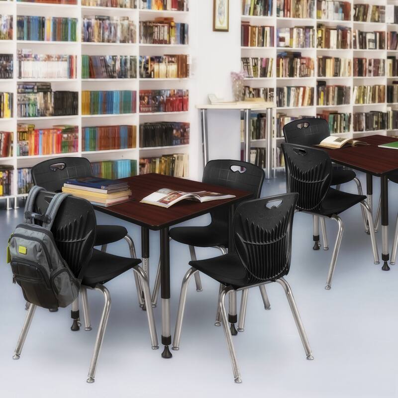 36 in. Square Height Adjustable Classroom Table - Mahogany & 4 18-in Stack Chairs- Black