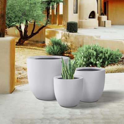 Plantara 18", 14", & 10" D Round Solid White Concrete planter (Set of 3), Outdoor Flower pot, Modern Planter pot for Garden