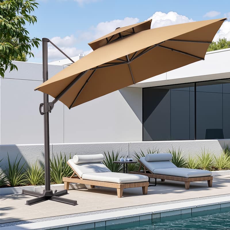 10.5ft Outdoor Patio Double Top Cantilever Offset Umbrella - Tan