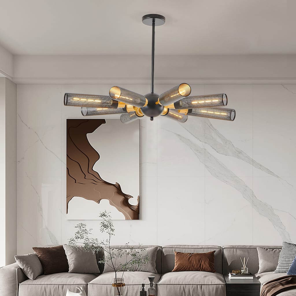 Modern Industrial Chandelier, 8-Light with Black and Gold Pendant Light Mesh Shades, for Dining Room, Living Room
