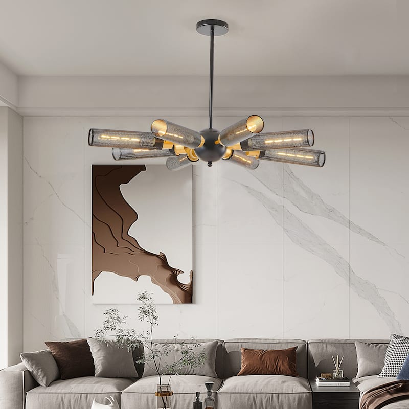 Modern Industrial Chandelier, 8-Light with Black and Gold Pendant Light Mesh Shades, for Dining Room, Living Room - Black