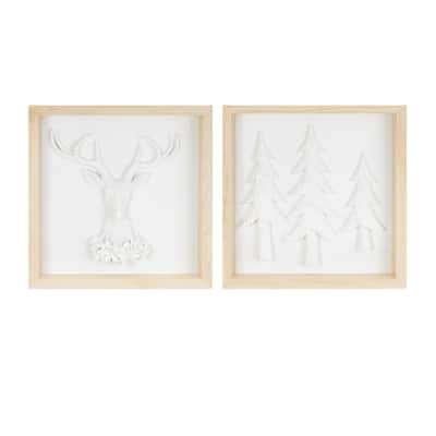 Deer and Tree Square Framed Christmas Wall Arts - 11.75"- Set of 2