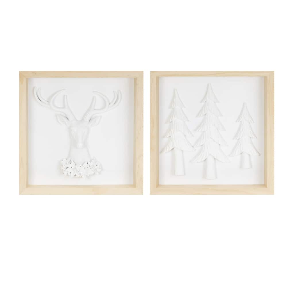 Deer and Tree Square Framed Christmas Wall Arts - 11.75"- Set of 2