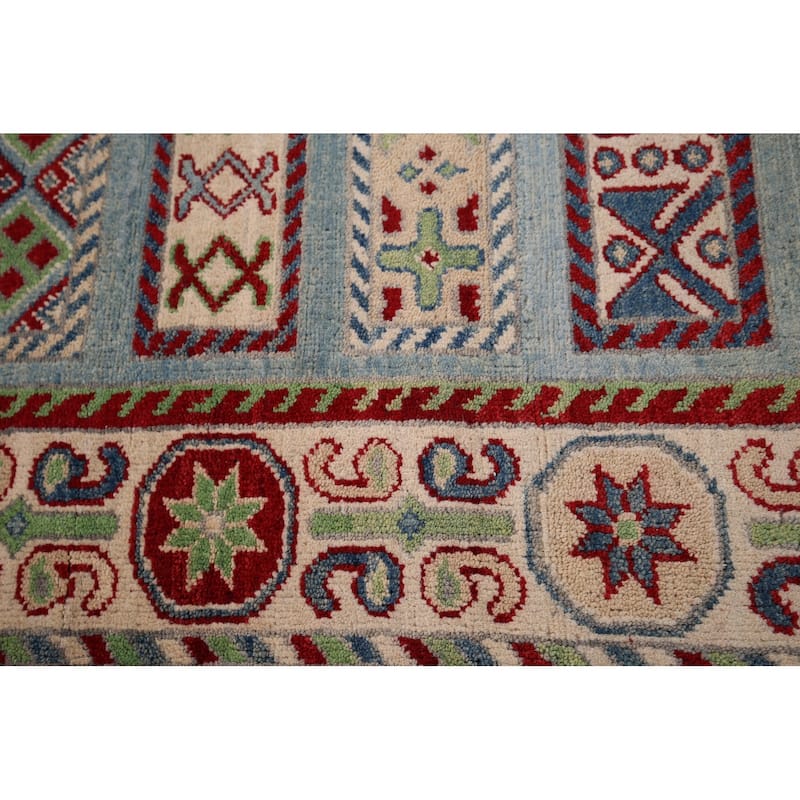 Geometric Blue Kazak Oriental Runner Rug Hand-Knotted Wool Carpet - 3'2" x 16'1"