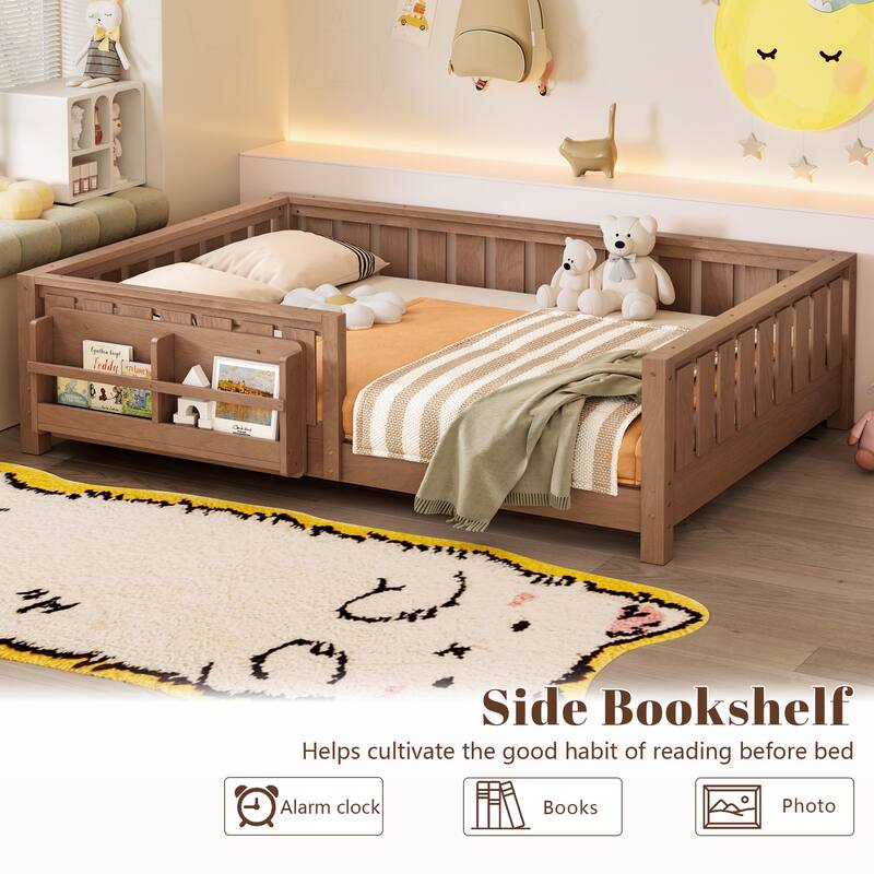 Montessori Floor Bed Low Profile Kids Bed with Rails & Bookshelf