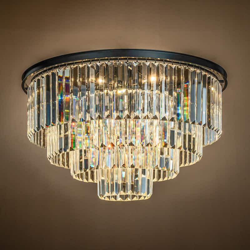 8-Lights Mid-Century Glam Modern 4-Tier Round Fringe Crystal Flush Mount Light For Living Room - W32''