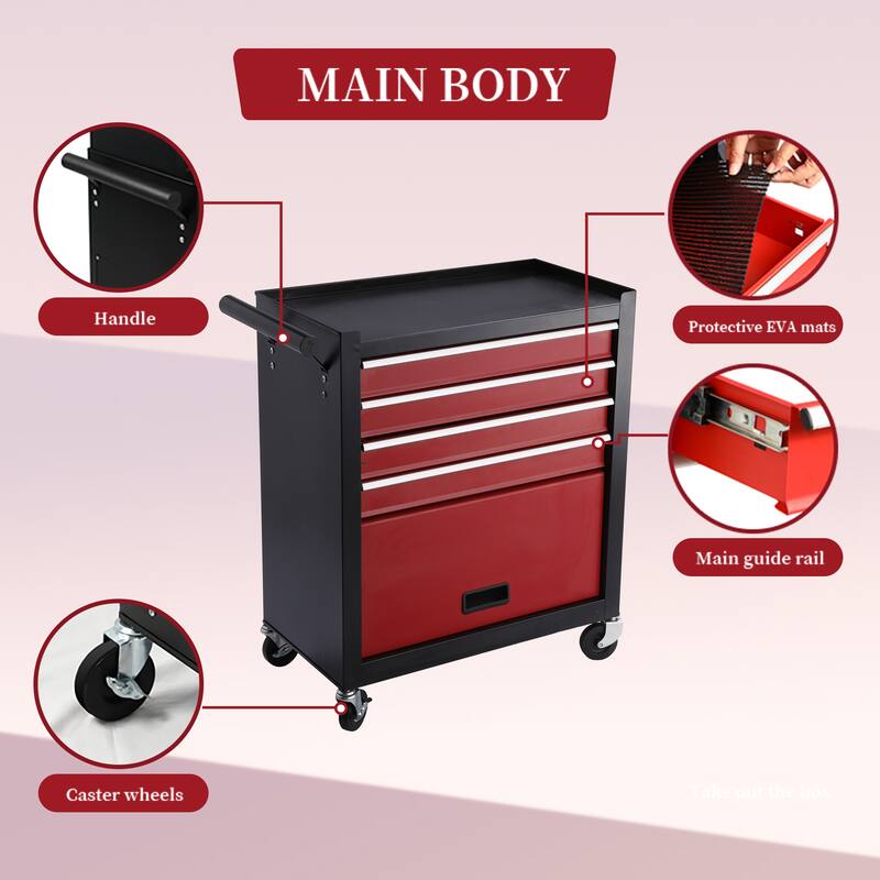 Four drawer rolling toolbox, tool cart with 4 wheels and drawers, large capacity detachable mobile tool storage cabinet