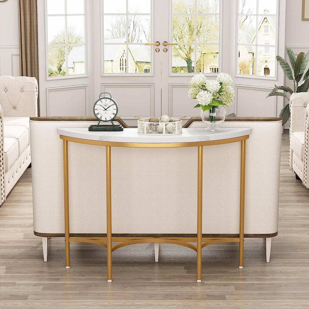 Gold Console Table, Modern White Faux Marble Half Moon Sofa Tables