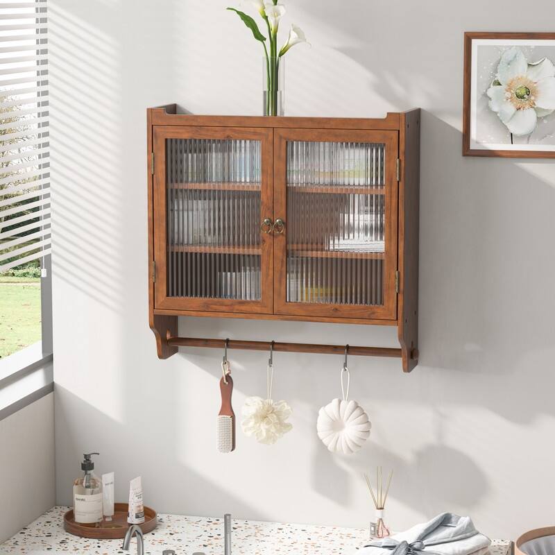 24.8" Glass Door Wall Cabinet with Three Tiers of Storage with Towel Rack