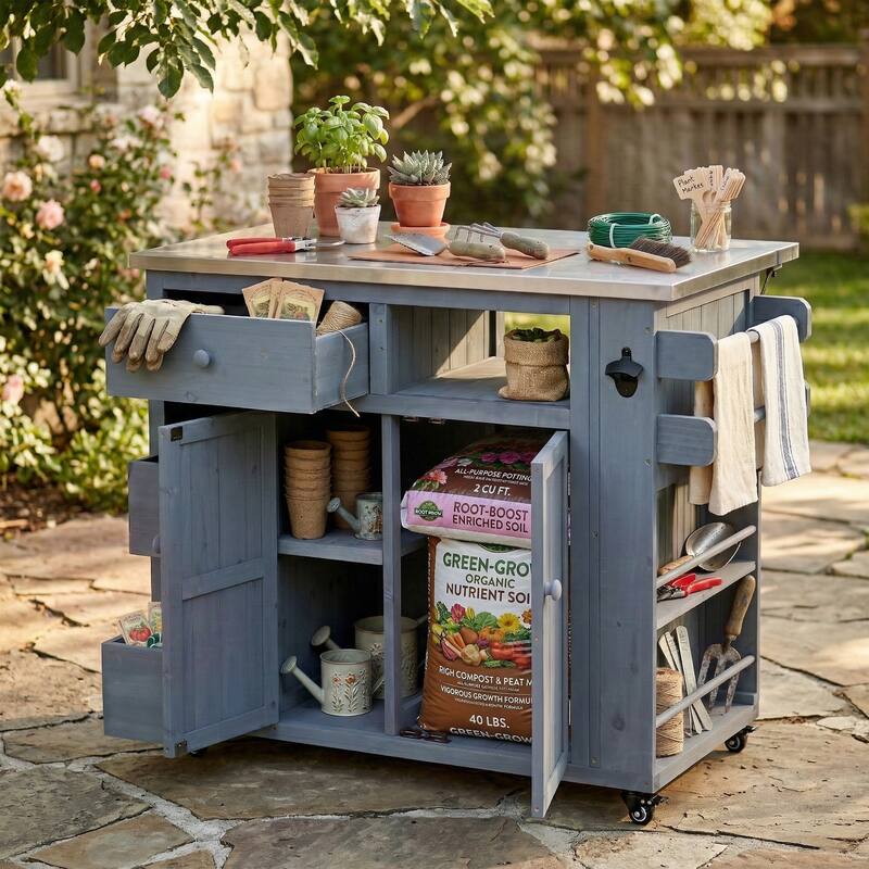 Outdoor Solid Wood Extendable Kitchen Island with Stainless Steel Top, Side Spice Rack, Drawers & Storage Cabinet