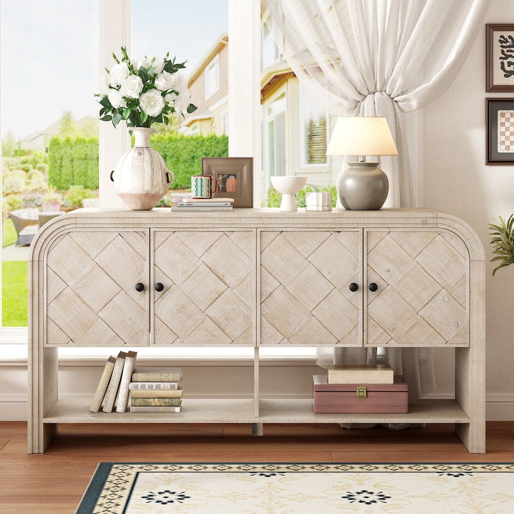 Curved Entrance Cabinet Buffet Storage Cabinet with Bottom Storage Shelves, Console Table with Woven Wood Slat Patterns