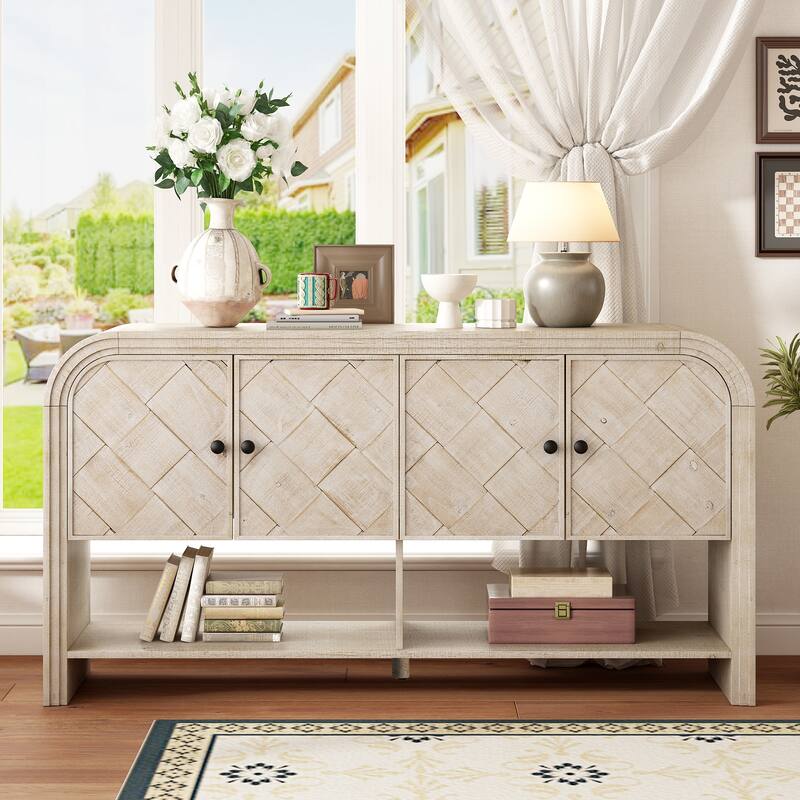 Versatile console table with Woven Wood Slats and Solid Wood Veneer