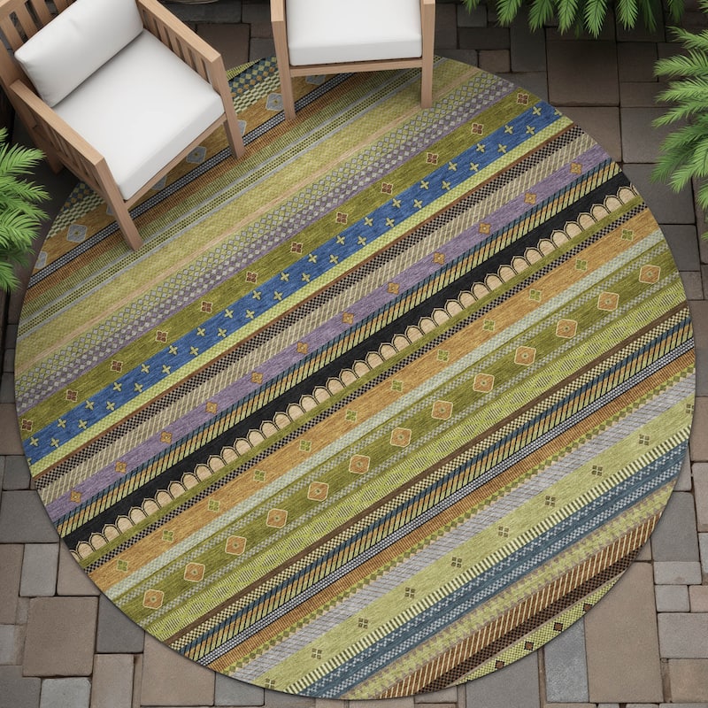 Machine Washable Indoor/Outdoor Boho Stripes Chantille Rug - Olive - 8' x 8'