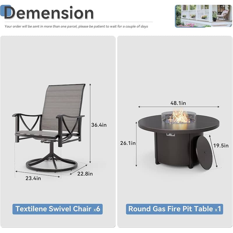 Kullavik Textilene Chairs and Round Gas Fire Pit Table, Outdoor Patio Furniture Set