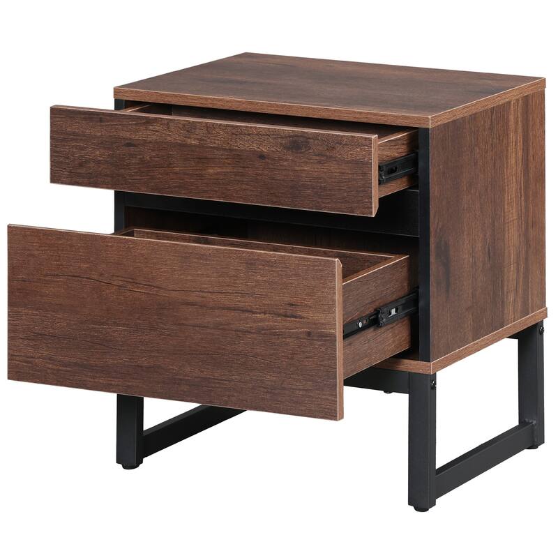 WAMPAT Modern Nightstand with 2 Drawers, Farmhouse BedsideTable with Black Square Iron Leg, Wood Rustic Side End Table