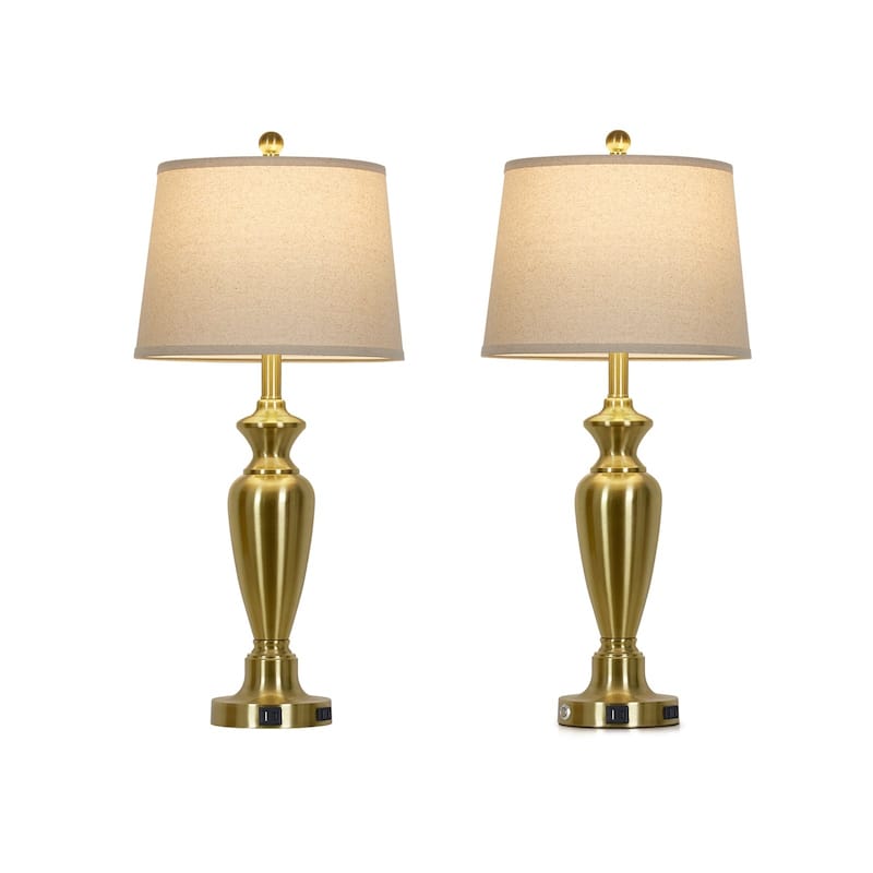 Set of 2 Modern 28-Inch Table Lamps with Built-in Night Light, USB Ports & AC Outlet - 13'' x 13'' x 30'' - 13'' x 13'' x 30'' - Gold