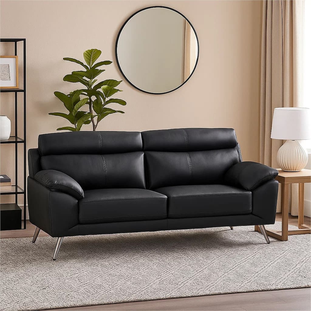 Justin Sofa, Black Top Grain Leather, Foam Cushions, Steel Legs, 80 Inch
