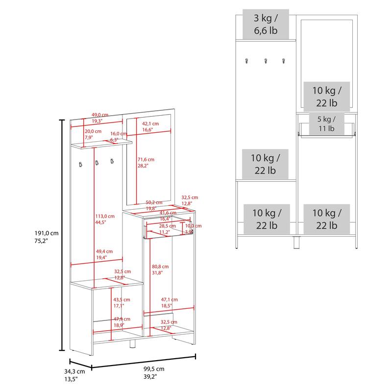 Tall Hall Tree with Mirror, Multi-Shelf Storage, Drawer, and Adjustable Legs for Organized Entryways