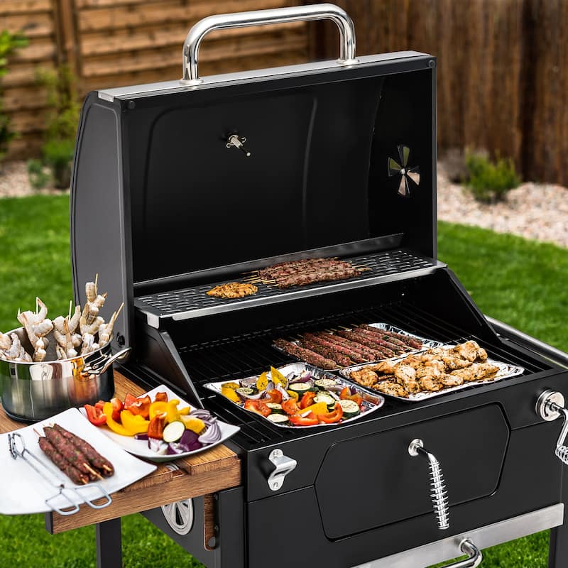 Royal Gourmet 24-Inch Charcoal Grill, BBQ Smoker with Handle and Folding Table, Black