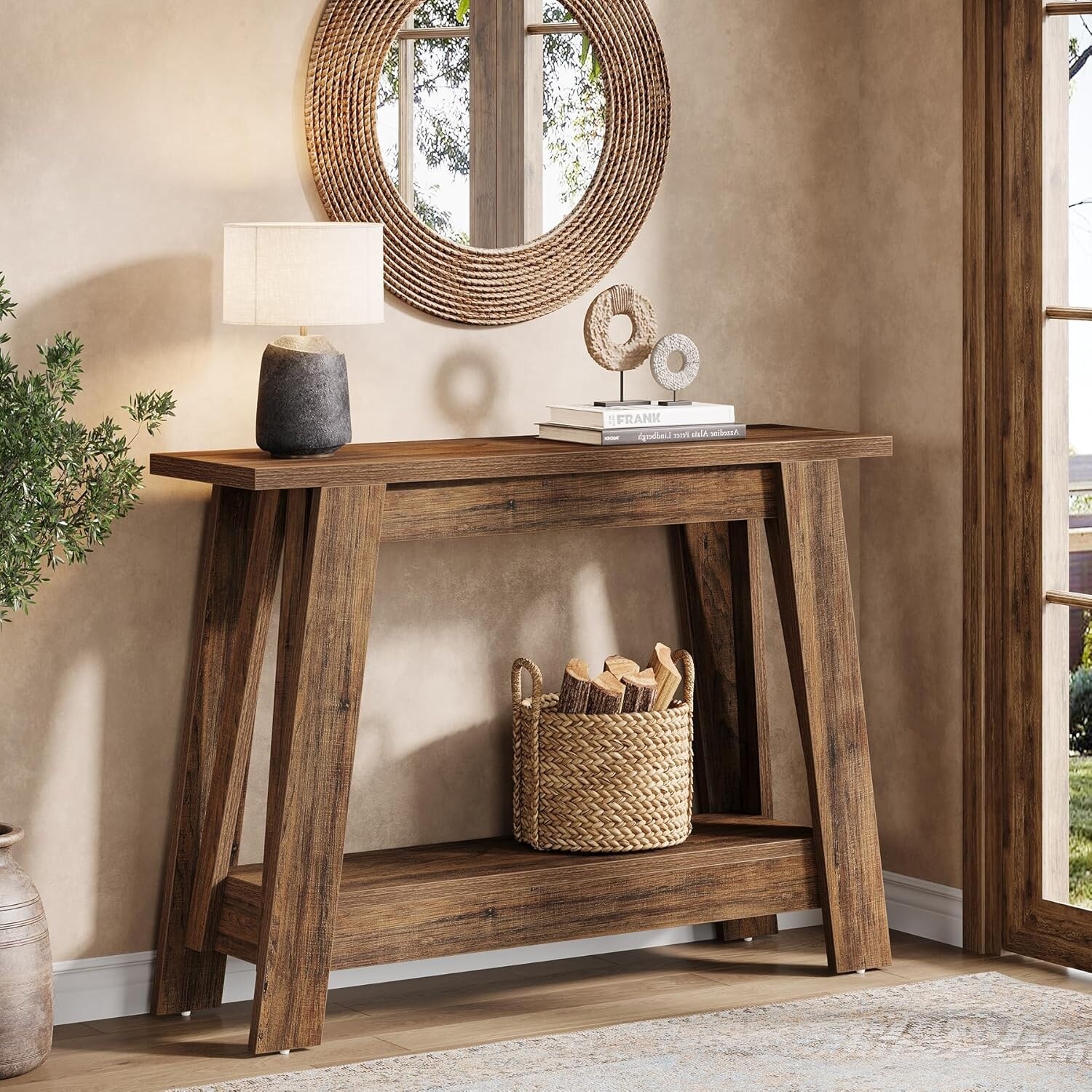 41.3" Farmhouse Console Table, 2-Tier Wooden Entryway Table with Storage - 41.3" W x 11.8" D x 31.3" H